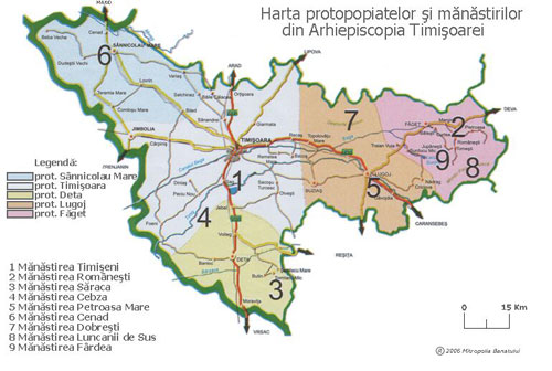 Harta manastirilor din Arhiepiscopia Timisoarei