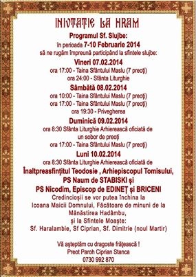 Comunitate Invitatie La Hramul Bisericii Sfantul Haralambie Din