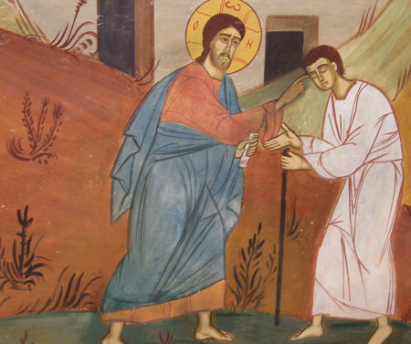 Episcopia Bu­zaului si a Vrancei - Vindecarea orbului (fresca din Clopotnita)